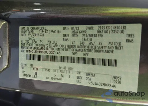 2013 Ford Escape Sel from USA, damaged, VIN 1FMCU9H96DUD37145